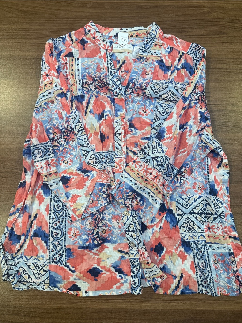 Alfred Dunner Coral, Blue & White Printed Button-Front Blouse - Picture 2 of 4